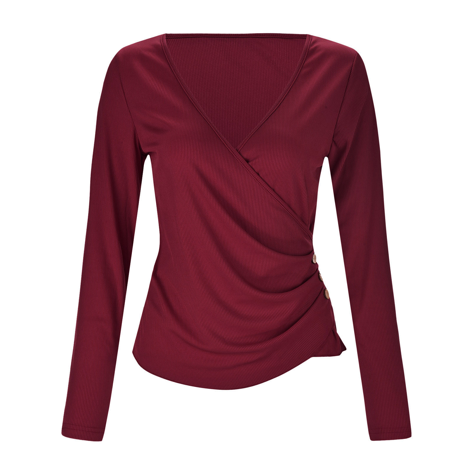 thumbnail image 4 of Top asimétrico con cuello en V y tres botones, manga larga, sexy y ajustado, blusa informal para mujer, 4 of 8